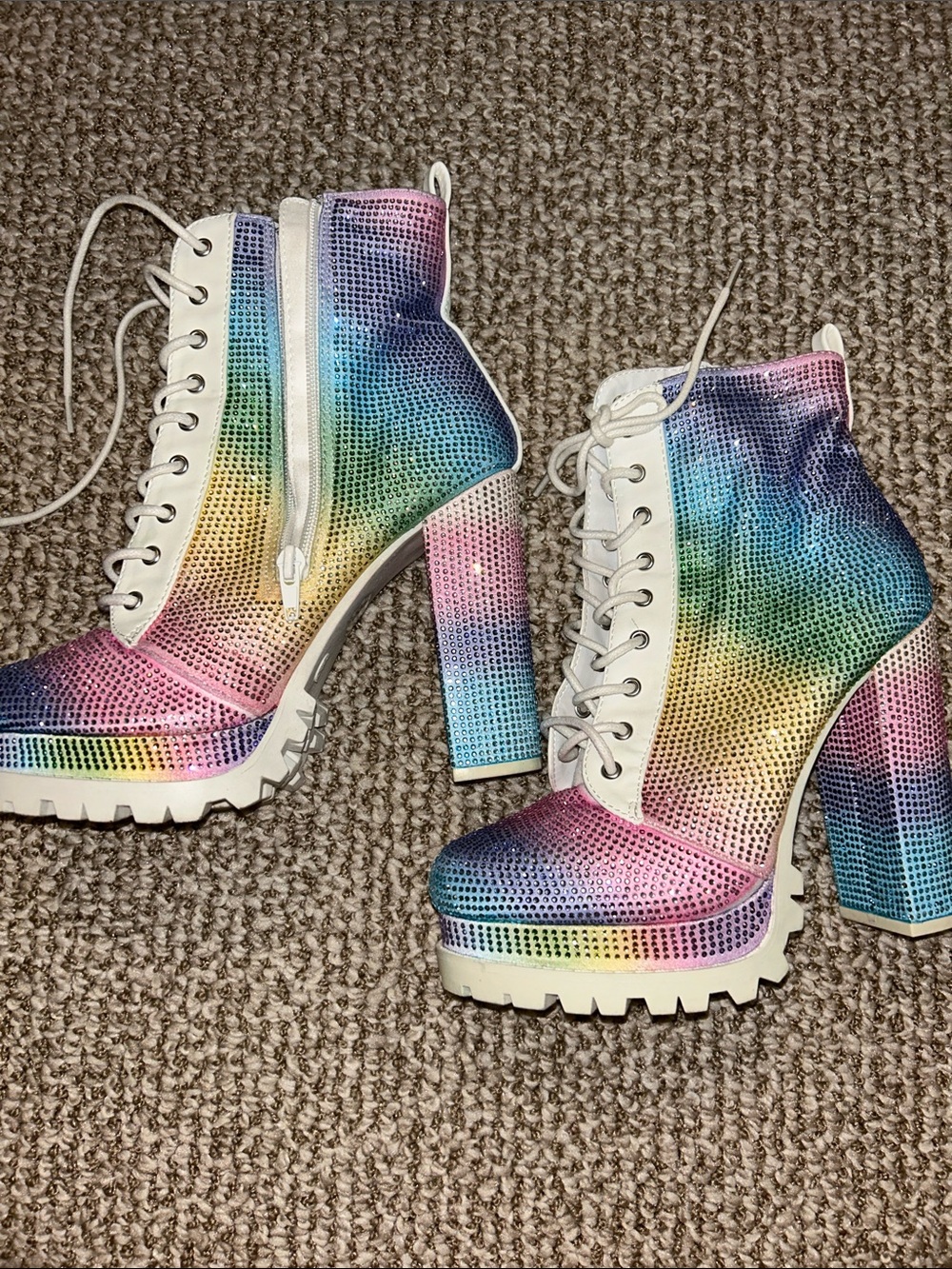 Wild Diva Rainbow Rhinestone Jeweled Ombre Lace-Up Chunky Heel Platform Boots